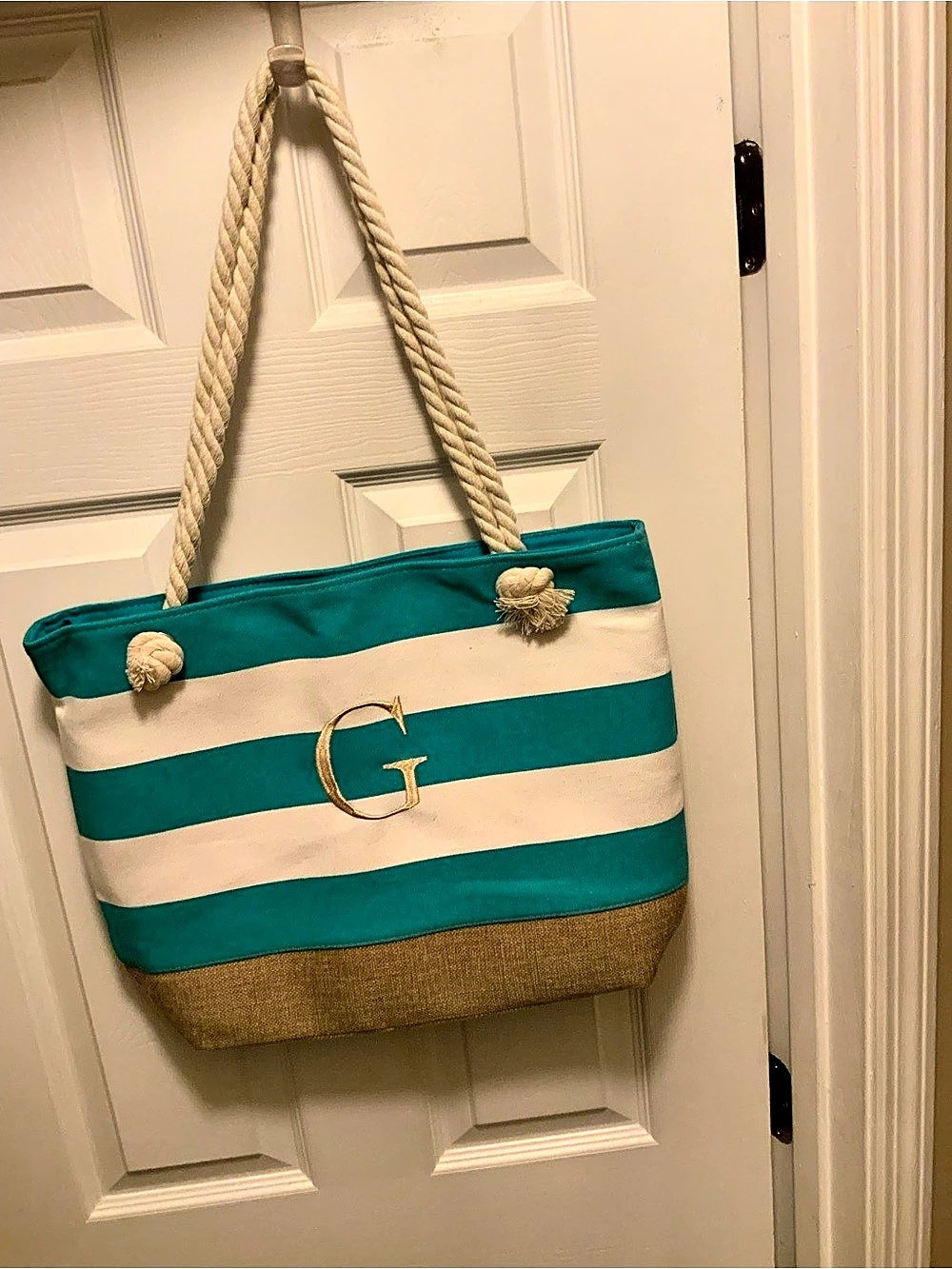 Striped Tote in Teal & White - G